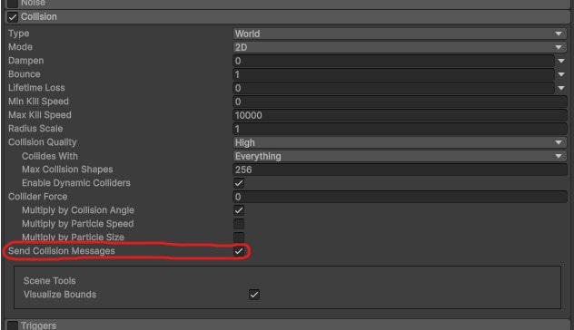 Send collision messages option inside Unity particle system