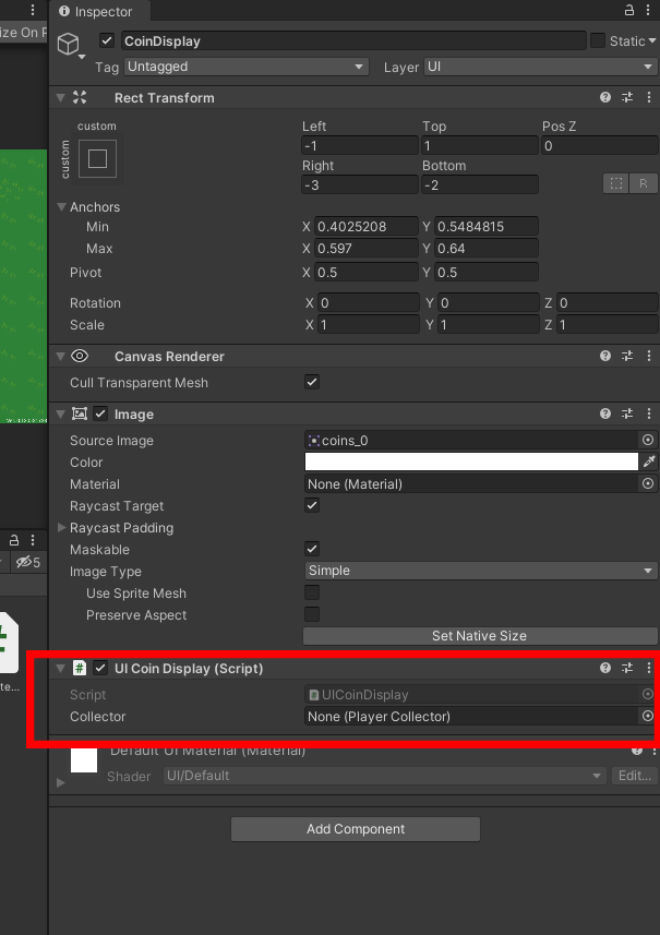 Attaching the UICoinDisplay Script to CoinDisplay UI Element