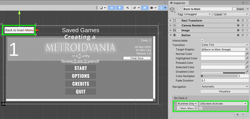 Back to Main Menu setup