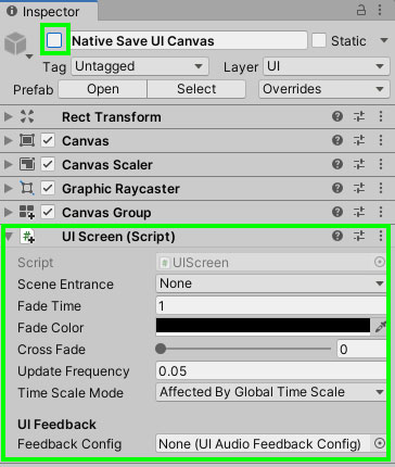 Add a UIScreen component to the Native Save Slots Canvas.