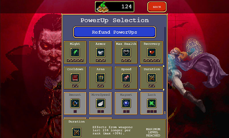 Vampire Survivors Power-ups Screen