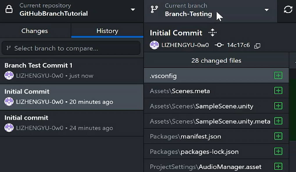 github desktop new branch created inherited entire history of the branch that it is created from