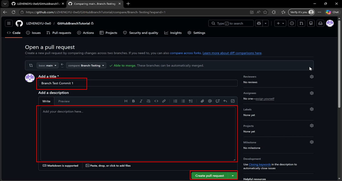 opened github browser rename and add description for team or straight away click on create pull request