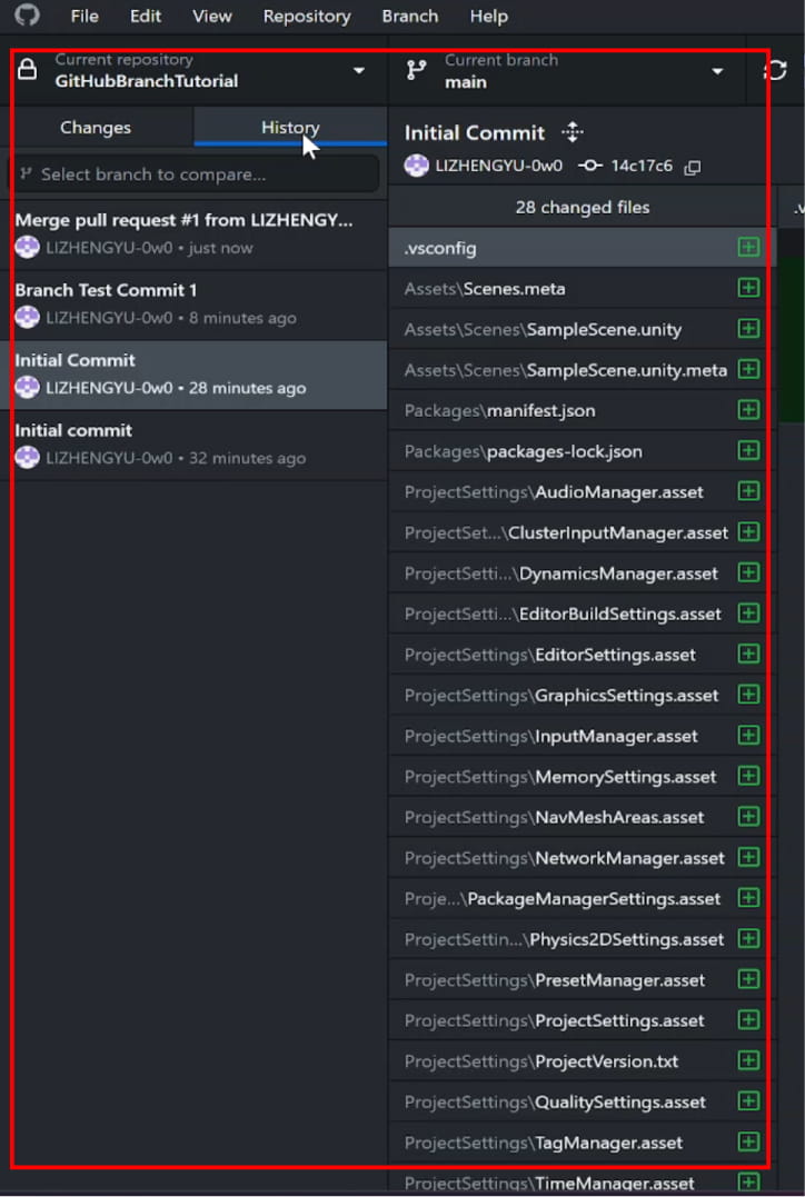 github desktop check history of main branch after successfully pulled