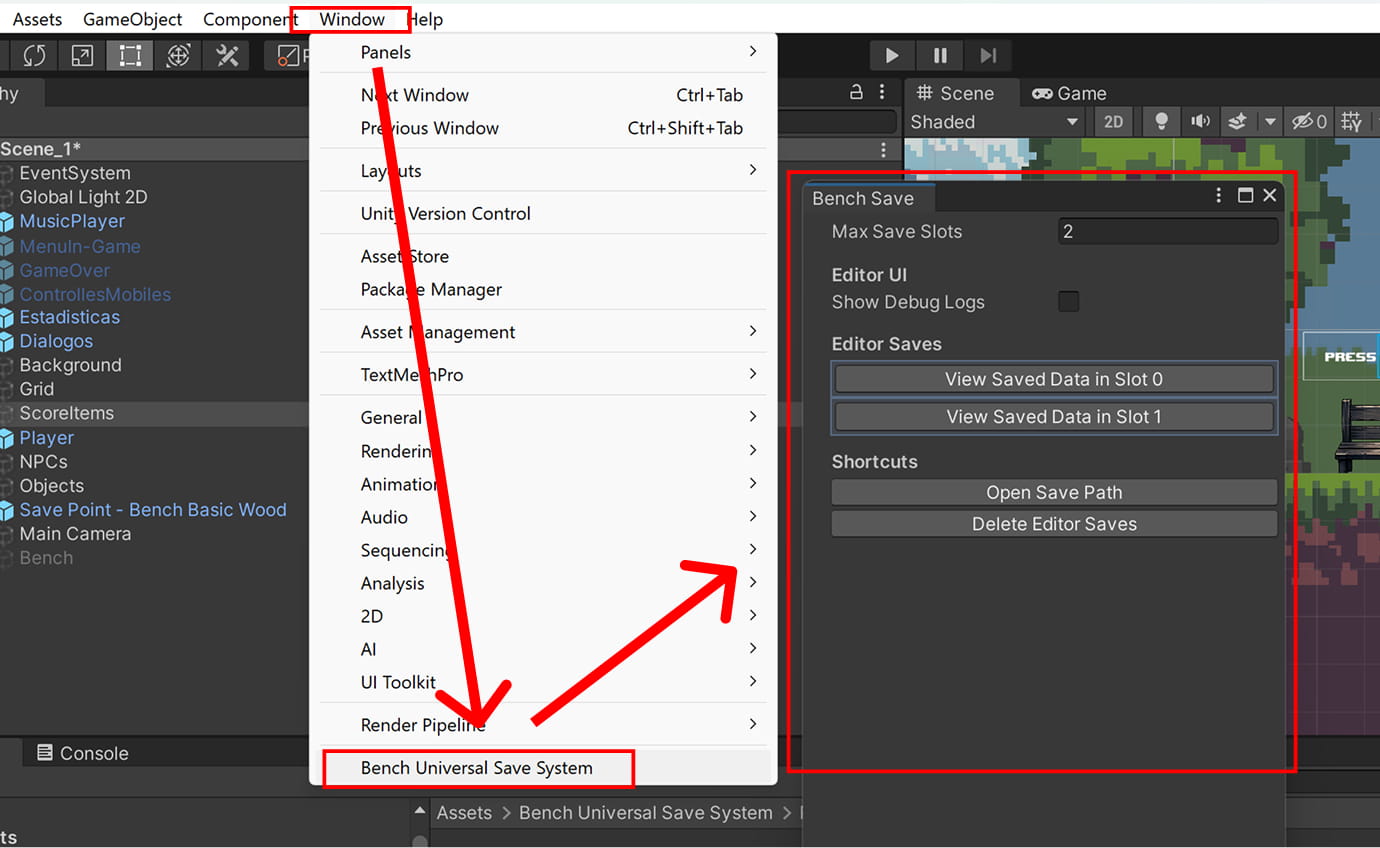 how to open bench save window and review saved data