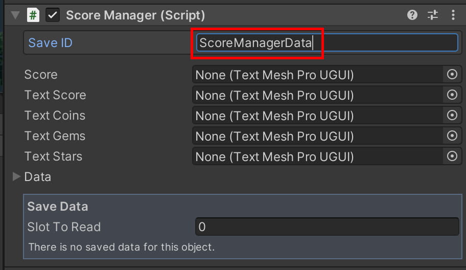 set the ScoreManager component's Save ID to ScoreManagerData.