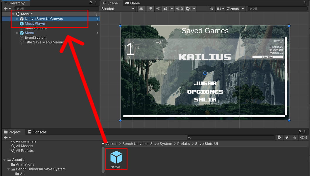 Drag the Native Save UI Canvas prefab into the Menu scene.