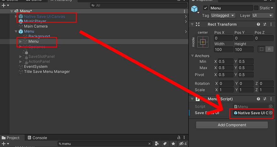 Assign the Native Save UI Canvas GameObject to the Save Slots UI field on the Menu component.