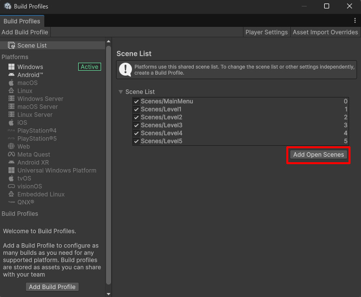 Adding the new Scenes into the Build Profile