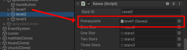 Assign the previous level's Saves component as the prerequisite to unlock the next level
