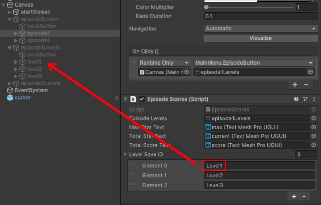 Enter the SaveID of each level under the episode in the levelSaveID array.