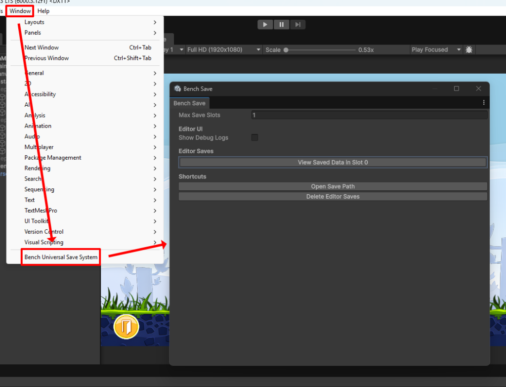 The window is found in Window > Bench Universal Save System.